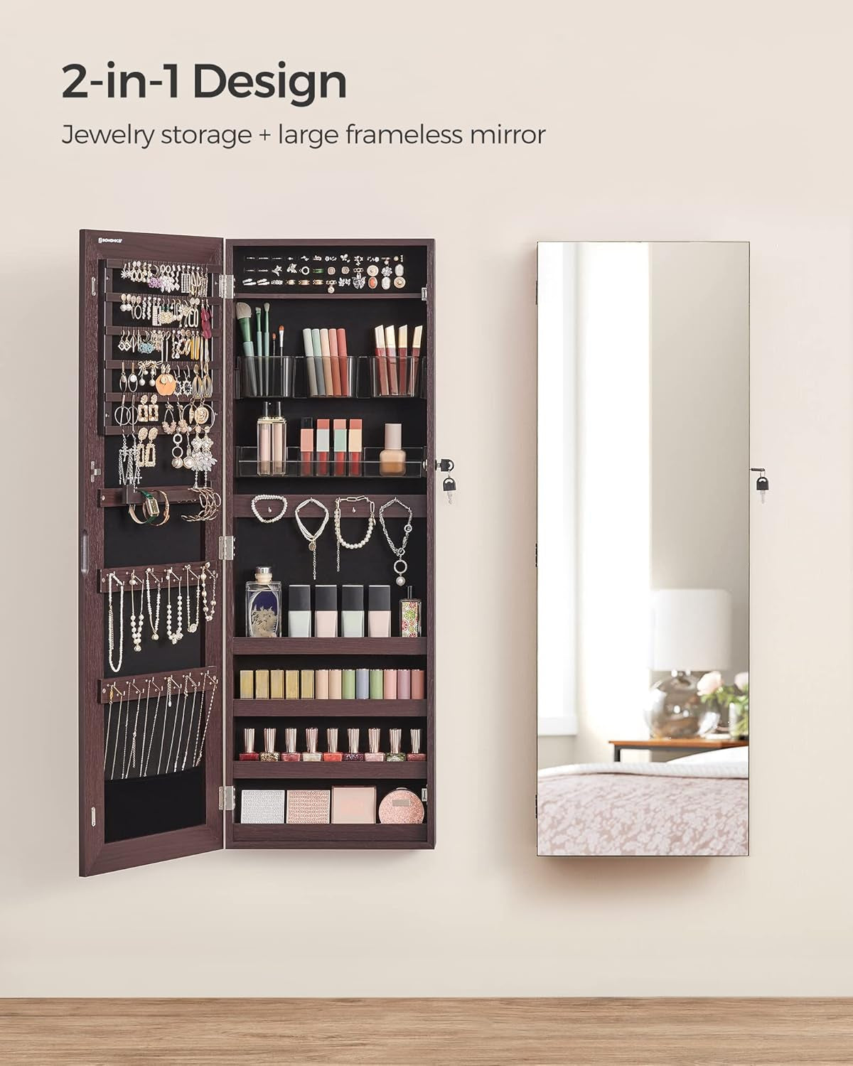 Jewelry Cabinet Armoire, Lockable Wall-Mounted Organizer Unit with 2 Plastic Cosmetic Storage Trays, Full-Length Frameless Mirror, Brown UJJC001K01-1