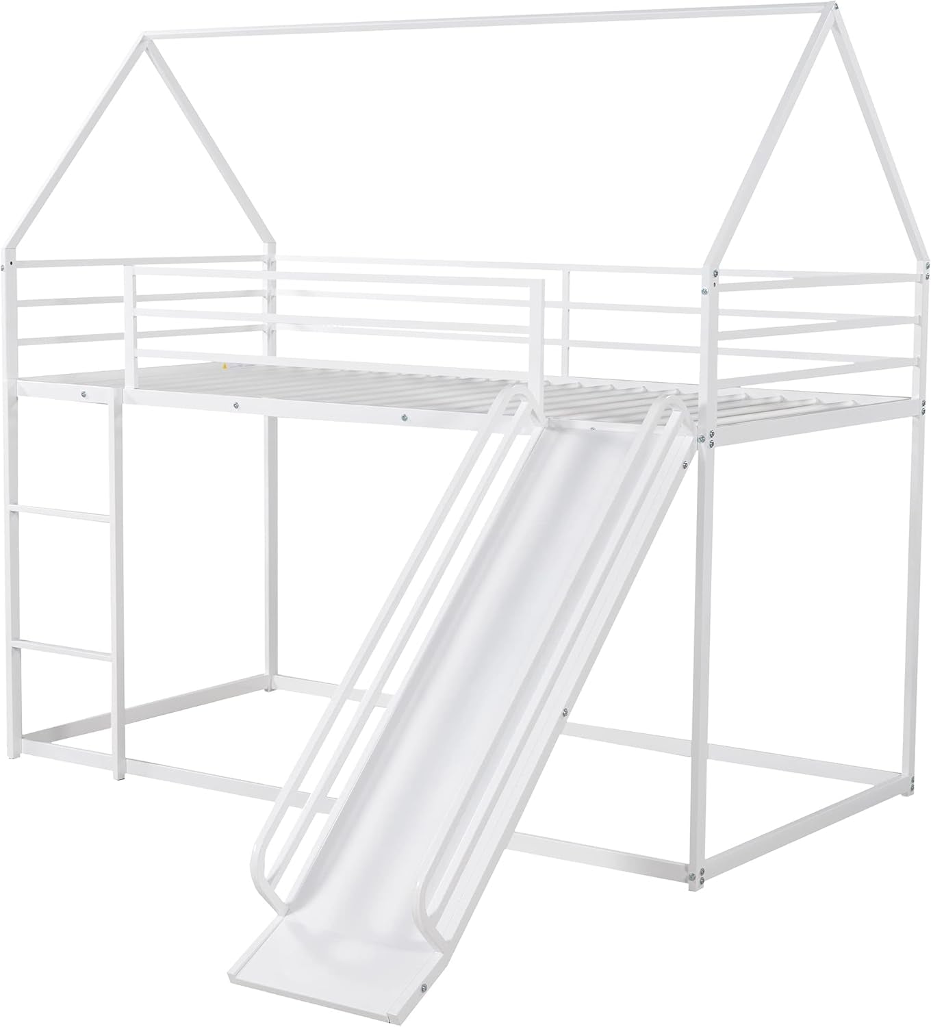 Heavy Metal Junior House Low Bunk Bed with with Full-Length Guardrail Twin over Twin, Montessori Floor Bunk Bed Frame Ladder & Slide, Noise Free White-3
