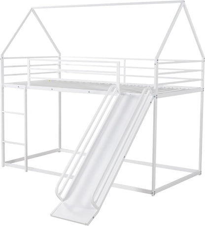 Heavy Metal Junior House Low Bunk Bed with with Full-Length Guardrail Twin over Twin, Montessori Floor Bunk Bed Frame Ladder & Slide, Noise Free White-3