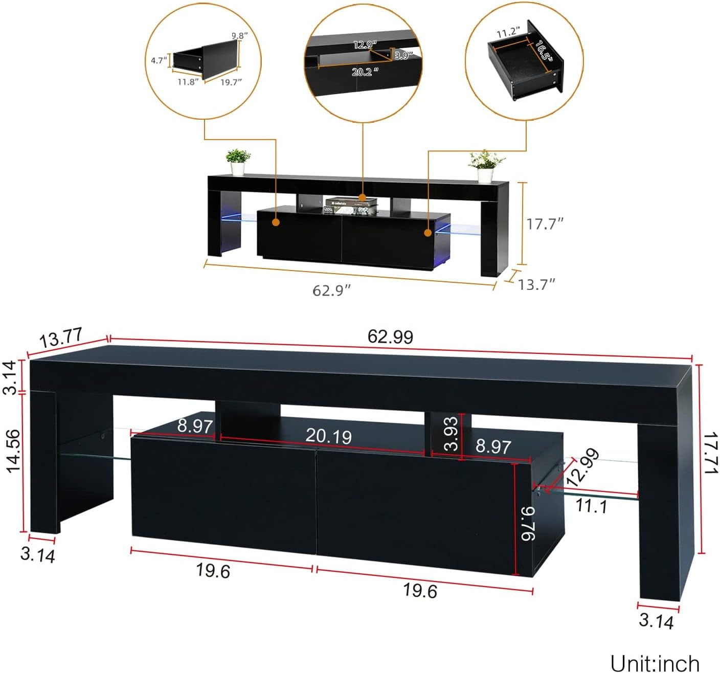 Black TV Stand, 60 65 70 75 Inch Wood TV Stand, High Glossy Entertainment Center with Large Drawers＆Glass Display Shelf, LED Modern Media Gaming Cabinet TV Console for Livingroom, Bedroom-4