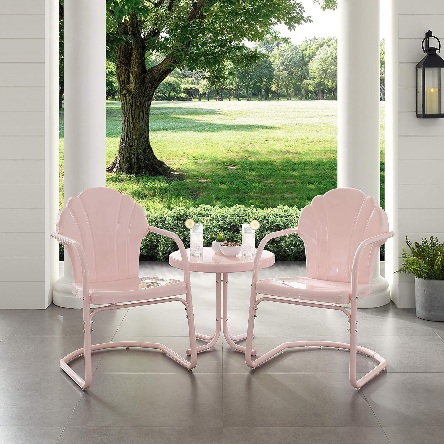 Tulip 3-Piece Outdoor Chair and Side Table Set, Retro Metal Patio Conversation Sets, Pink-3