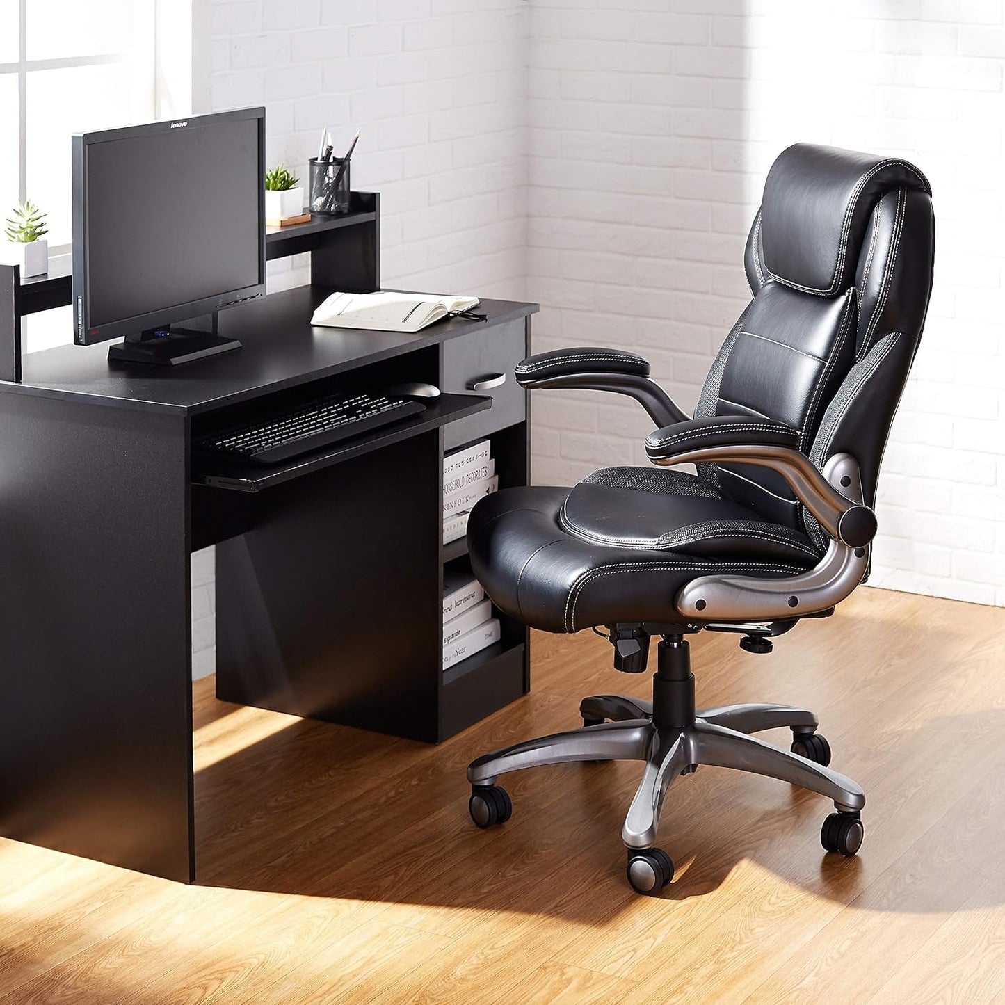 Ergonomic Office Chair, High-Back Bonded Leather with Flip-Up Arms and Lumbar Support, Black, 29.5"D X 27.5"W X 44.75"H-1