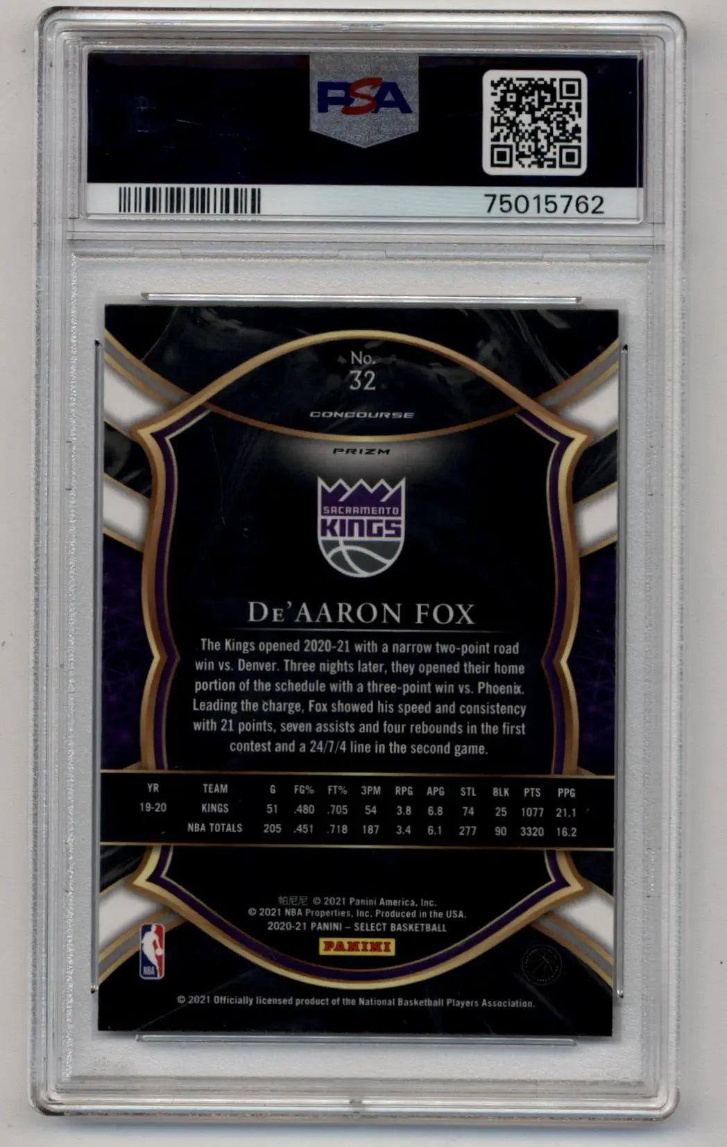 PSA-graded trading card back featuring Sacramento Kings logo and De’Aaron Fox gem mint stats