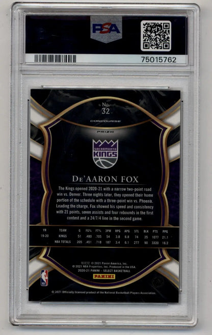 PSA-graded trading card back featuring Sacramento Kings logo and De’Aaron Fox gem mint stats