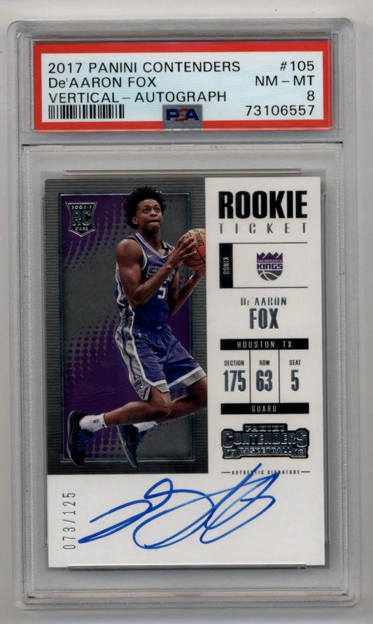 PSA-graded De’Aaron Fox Vertical Auto #105 073/150 basketball card from Panini Contenders
