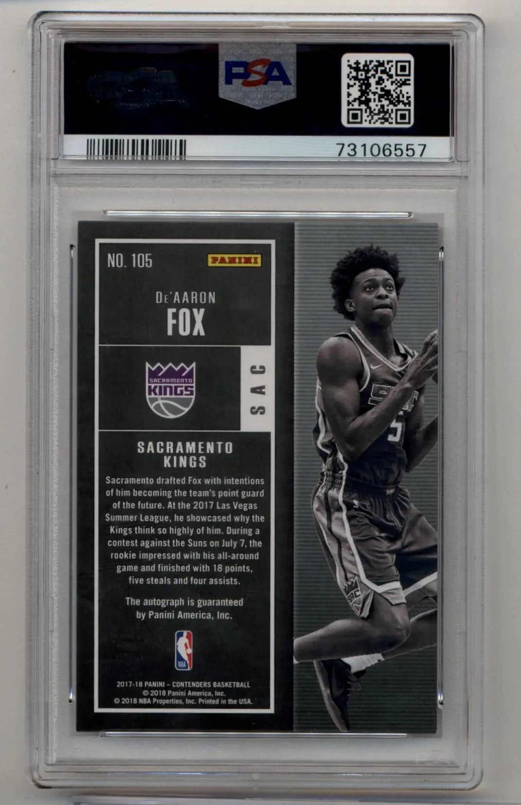 PSA-graded De’Aaron Fox Vertical Auto #105 trading card in protective case