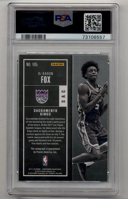 PSA-graded De’Aaron Fox Vertical Auto #105 trading card in protective case