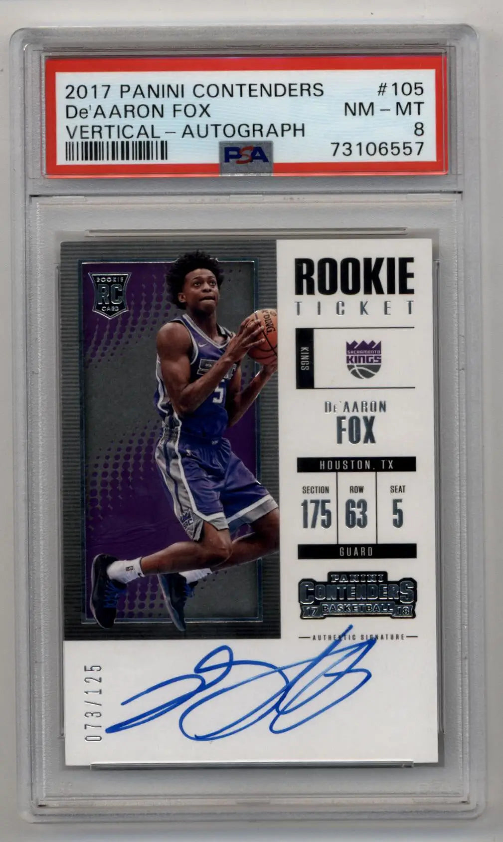 De’Aaron Fox Vertical Auto rookie basketball card 073/150 PSA 8 Near Mint-Mint