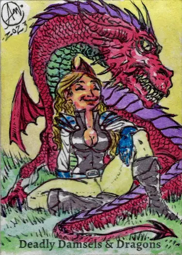 Colorful sketch card illustration of a smiling woman with a red and purple dragon by Alex Magno