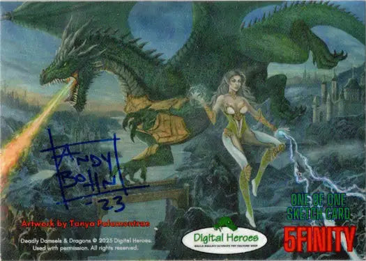 Fantasy scene with dragons and a powerful woman on Andy Bohn Sketch Card trading card
