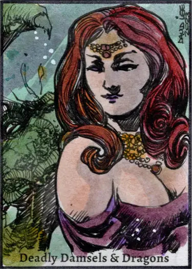 Fantasy portrait of a woman with red hair in David Lee’s sketch card for trading cards