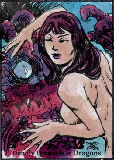 Woman with purple hair in artistic comic style from Deadly Damsels sketch card by David Lee