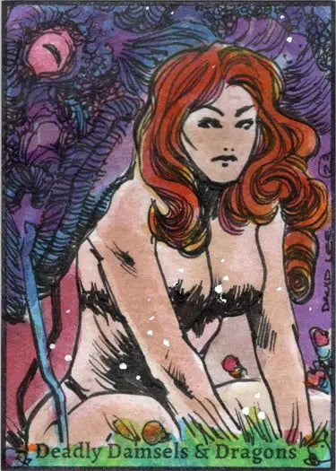 Stylized illustration of a woman with red hair for Deadly Damsels sketch card by David Lee