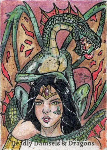 Fantasy sketch card featuring a woman with dark hair and a green dragon by Delanio Dourado