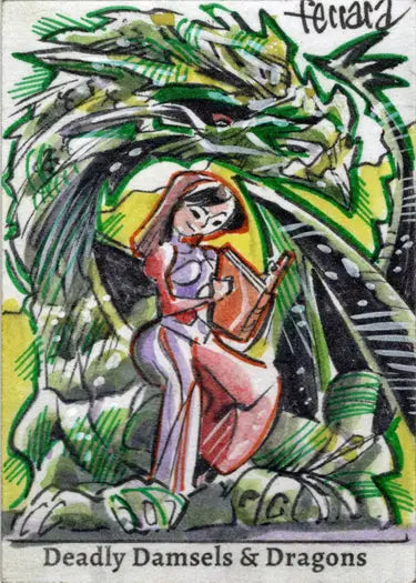 Colorful sketch card by Eduardo Ferrara featuring a woman in a red dress and dragons