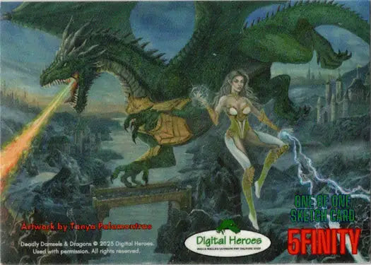 Fantasy sketch card by Eduardo Ferrara featuring a woman and fire-breathing dragons