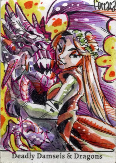 Colorful sketch card illustration of a woman with long hair and a purple dragon by Eduardo Ferrara