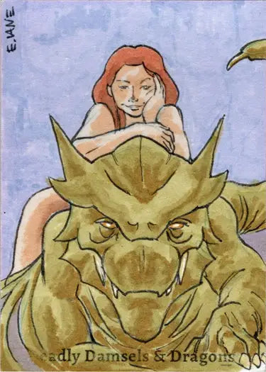 Green dragon with human figure on head in Eric Van Elslande Sketch Card artwork