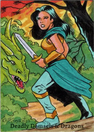 Woman in colorful clothing with a sword confronts a dragon in Kelly Everaert sketch card