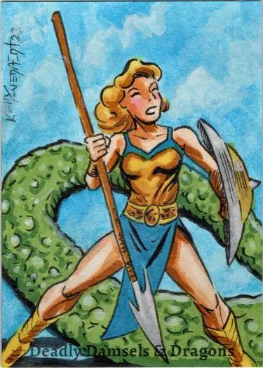 Blonde warrior woman in heroic pose on Kelly Everaert Sketch Card for trading cards