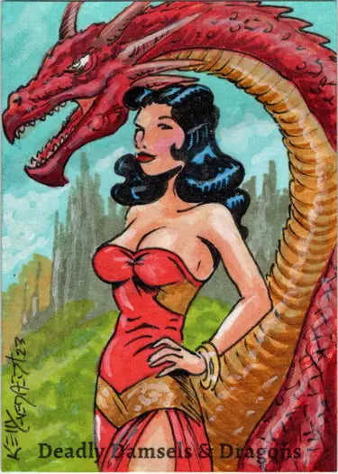 Red dragon behind woman in red outfit on Kelly Everaert sketch card trading card