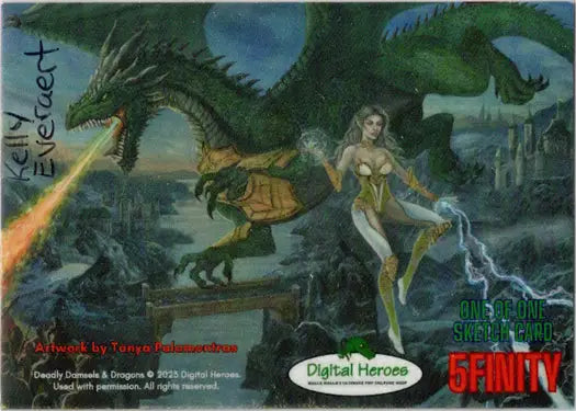 Fantasy sketch card by Kelly Everaert featuring a green dragon and a magical female figure