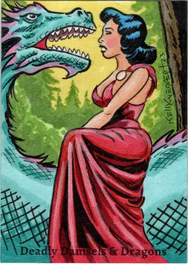 Stylized illustration of a woman in a red dress with a blue dragon on a Kelly Everaert sketch card
