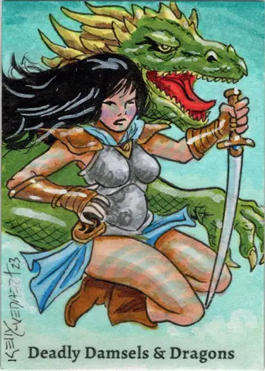 Illustration of a warrior woman with a sword and a fierce green dragon on a Kelly Everaert sketch card