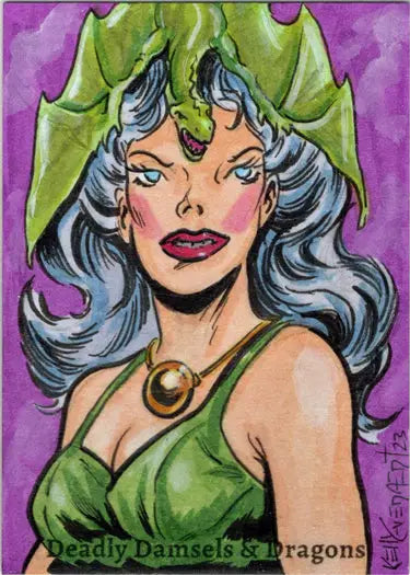 Colorful sketch card illustration of a woman in a green leaf headdress by Kelly Everaert