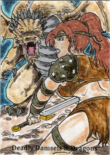 Fierce warrior woman faces roaring dragon in Limuel Pinzon sketch card illustration
