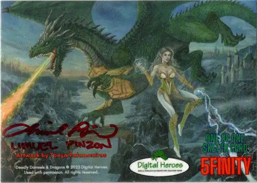 Fantasy illustration of a green dragon and female figure in gold, Limuel Pinzon sketch card