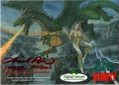 Fantasy illustration of a green dragon and female figure in gold, Limuel Pinzon sketch card