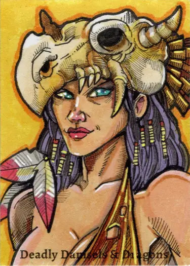 Woman in intricate animal skull headdress from Deadly Damsels & Dragons sketch card by Michael Mastermaker