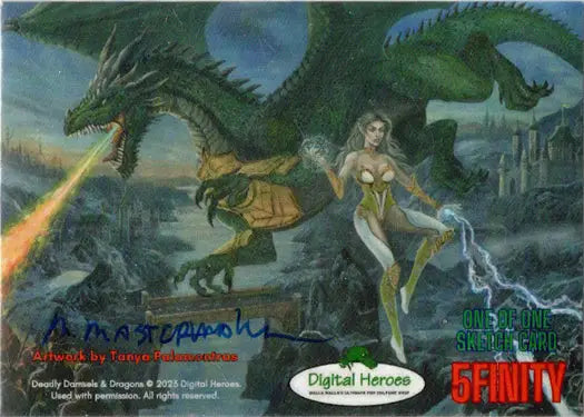 Fantasy woman in gold with fire-breathing dragons on Michael Mastermaker sketch card