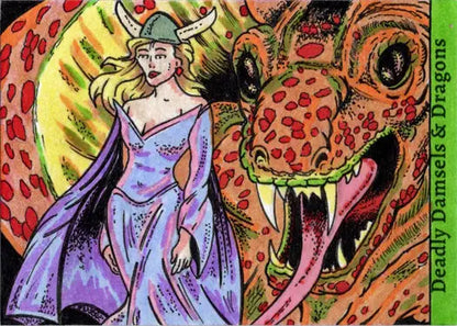 Fantastical sketch card of a blonde woman in a purple dress with a colorful dragon by Rusty Gilligan