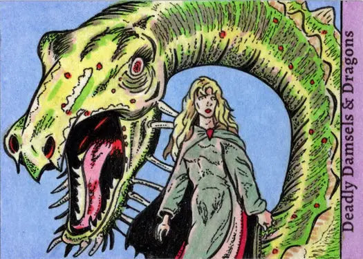 Fierce green dragon roaring beside blonde woman in gray dress on Rusty Gilligan sketch card
