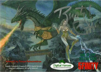 Fierce dragon and magical female in Fantasy illustration on Rusty Gilligan Sketch Card
