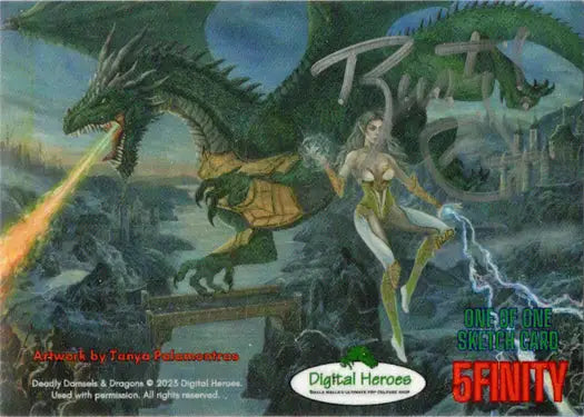 Fantasy scene of a green dragon and a female figure on Deadly Damsels sketch card by Rusty Gilligan