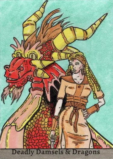 Colorful sketch card of a woman beside a fantastical dragon by Rusty Gilligan