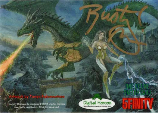 Fantasy sketch card artwork by Rusty Gilligan featuring a dragon and magical female figure