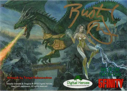 Fantasy sketch card artwork by Rusty Gilligan featuring a dragon and magical female figure
