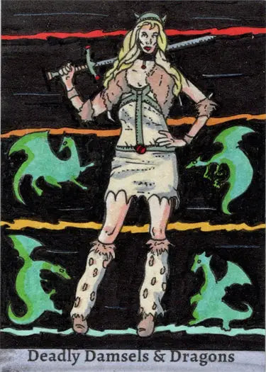 Warrior woman with horns and sword in Deadly Damsels & Dragons Rusty Gilligan sketch card