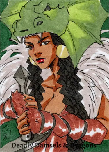 Illustration of a woman in a dragon headdress for Tiffany Peek’s trading card