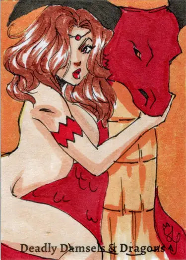Illustration of a woman with pink hair embracing a red dragon on a Tiffany Peek sketch card