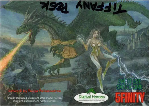 Fantasy illustration of a dragon and female figure on a Tiffany Peek sketch card