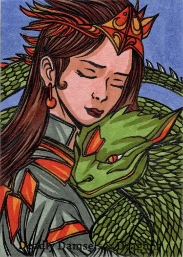Fantasy illustration of a woman with a crown and green dragon on Ulisses Gabriel sketch card