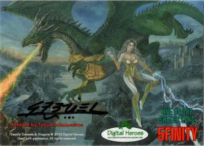 Fantasy sketch card of a dragon and female figure by Ulisses Gabriel for trading cards