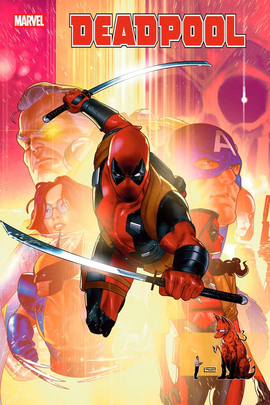 Deadpool #15 comic book cover featuring Deadpool with katanas and Marvel heroes, landmark issue