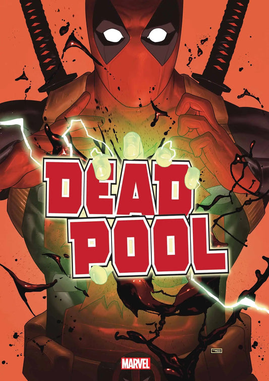 Deadpool in red and black costume with katanas featured in trading cards collection