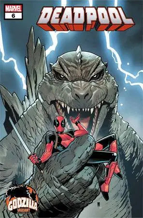 Deadpool clings to Godzilla’s snout in an electrifying comic book cover design